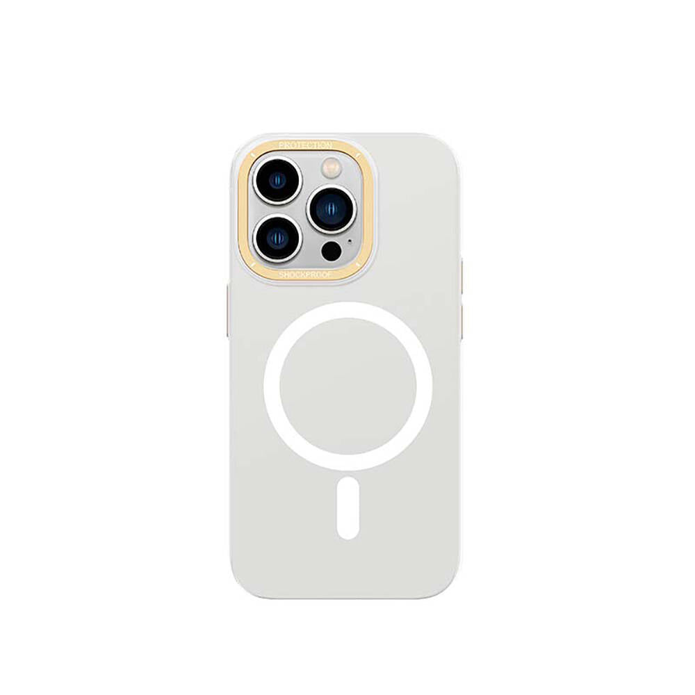 iPhone 14 Pro Max Kılıf Magsafe Şarj Özellikli Metal Kamera Çerçeveli Recci Glaze Serisi Kılıf Beyaz