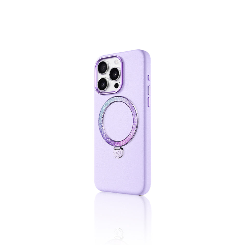Apple iPhone 14 Pro Max Kılıf Magsafe Şarj Özellikli Standlı Suni Deri Tasarımlı Pynana Dancing Circle Serisi Kapak Lila