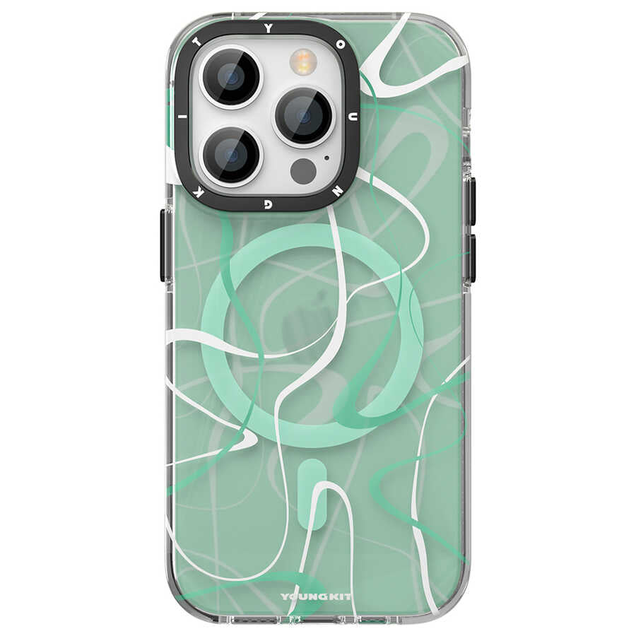 iPhone 14 Pro Max Kılıf Magsafe Şarj Özellikli Youngkit Water-Ink Serisi Kılıf Yeşil
