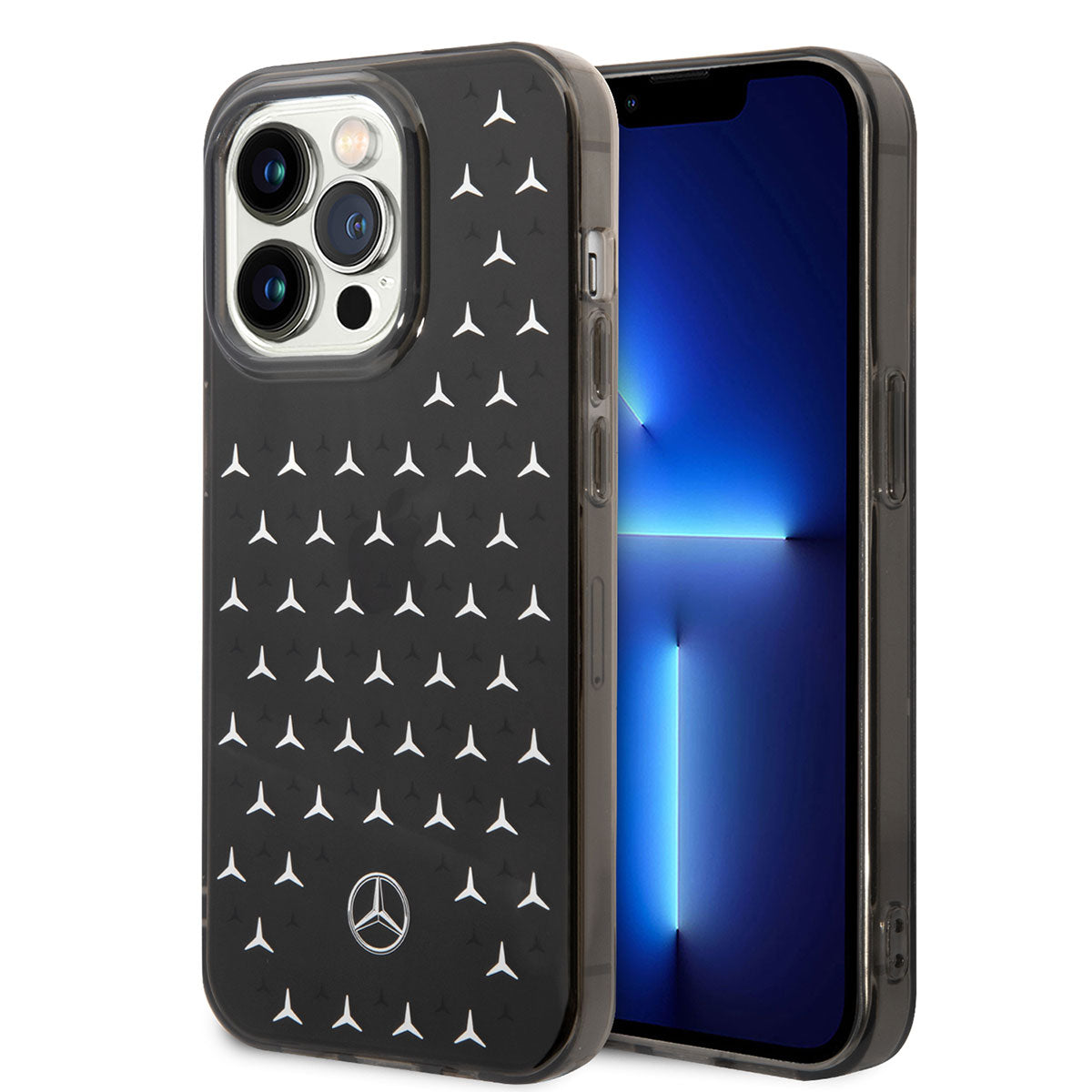 iPhone 14 Pro Max Kılıf Mercedes Benz Çift Katmanlı Yıldız Desenli Dizayn Kılıf Siyah-Gümüş