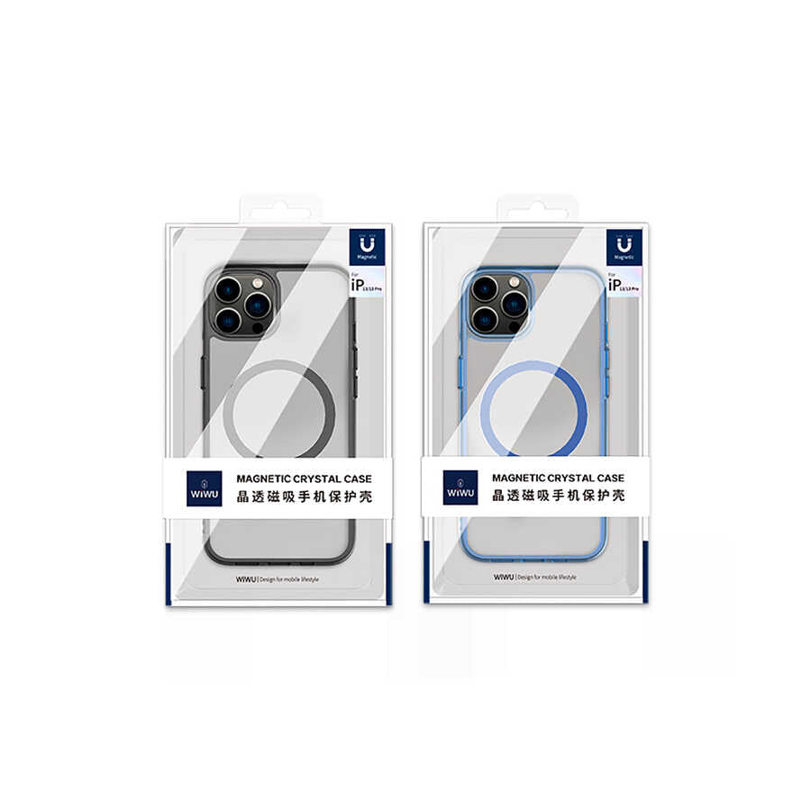iPhone 14 Wiwu Magsafe Şarj Özellikli Lens Korumalı Şeffaf Silikon Kılıf Mavi