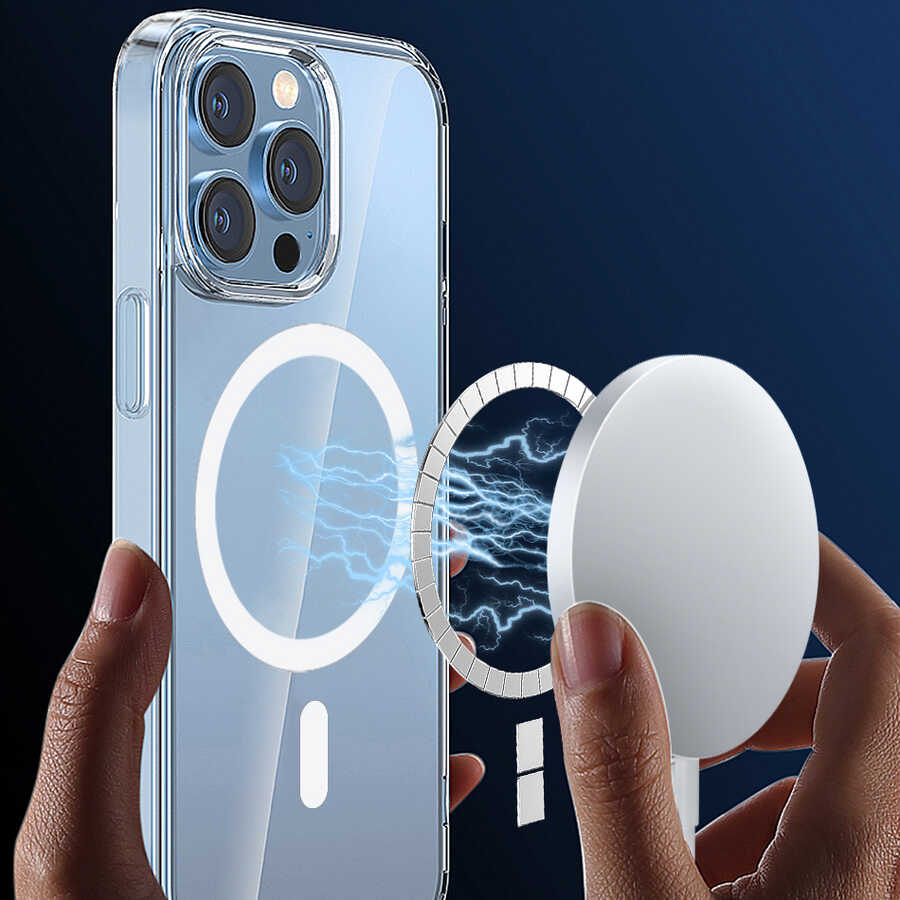 iPhone 14 Wiwu Magsafe Şarj Özellikli Lens Korumalı Şeffaf Silikon Kılıf Mavi