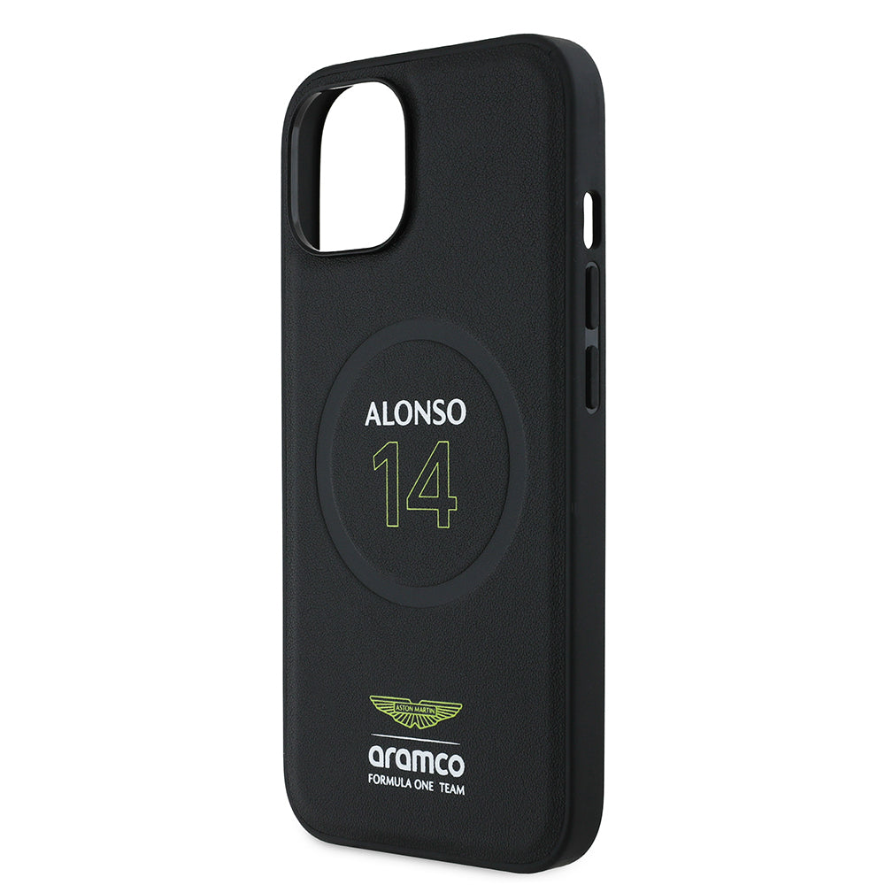 Apple iPhone 15 Kılıf Aston Martin Orjinal Lisanslı M-safe Şarj Özellikli PU Deri Alonso 14 Baskılı Kapak Siyah