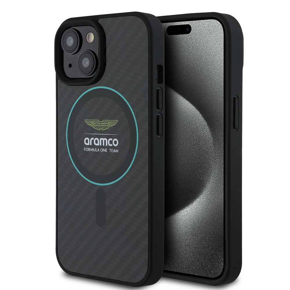 Apple iPhone 15 Kılıf Aston Martin Orjinal Lisanslı M-safe Şarj Özellikli Renkli Halka ve Karbon Fiber Tasarımlı Kapak Siyah-Yeşil