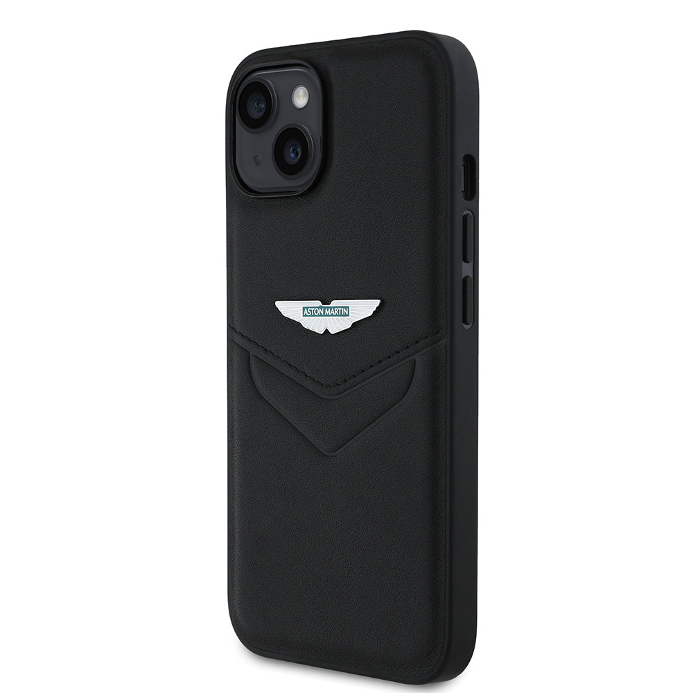 Apple iPhone 15 Kılıf Aston Martin Orjinal Lisanslı Victory Dizayn PU Deri Metal Logolu Kapak Siyah