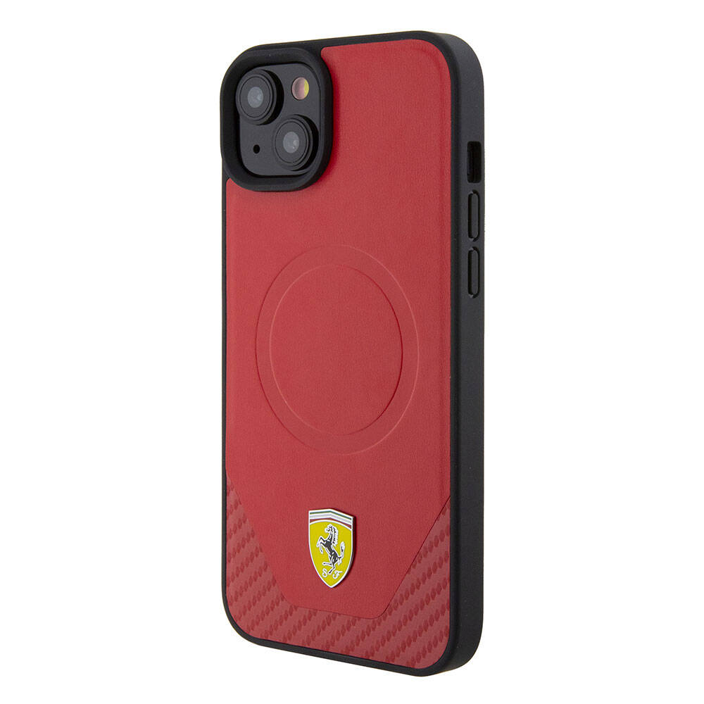 iPhone 15 Kılıf Ferrari Orjinal Lisanslı Magsafe Şarj Özellikli Metal Logolu PU Karbon Kılıf Siyah