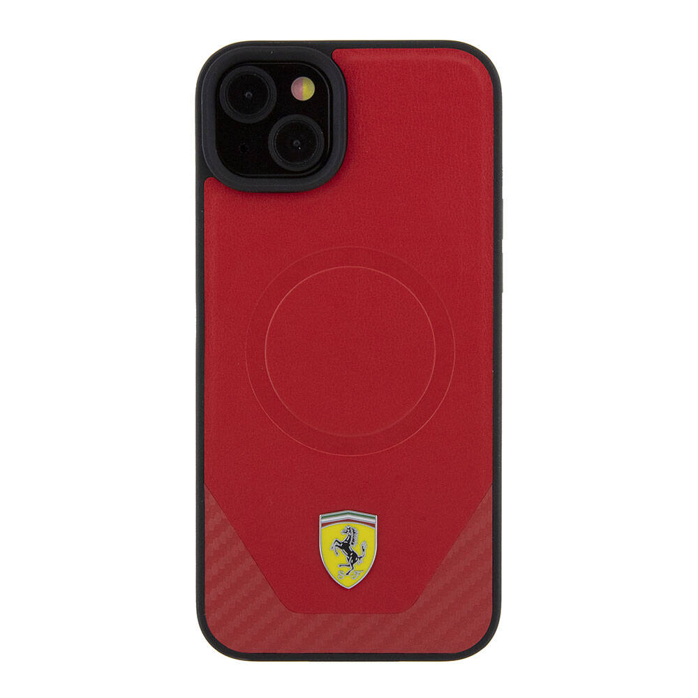 iPhone 15 Kılıf Ferrari Orjinal Lisanslı Magsafe Şarj Özellikli Metal Logolu PU Karbon Kılıf Siyah