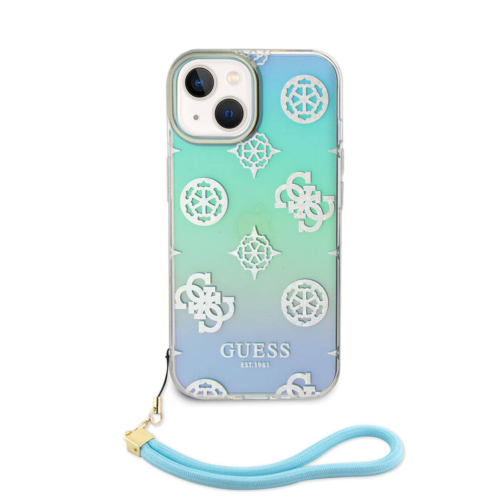 Apple iPhone 15 Kılıf Guess Orjinal Lisanslı Desenli Yazı Logolu Askı İpli Holografik Glitter Peony Kapak Pembe