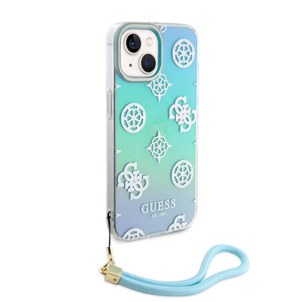 Apple iPhone 15 Kılıf Guess Orjinal Lisanslı Desenli Yazı Logolu Askı İpli Holografik Glitter Peony Kapak Pembe