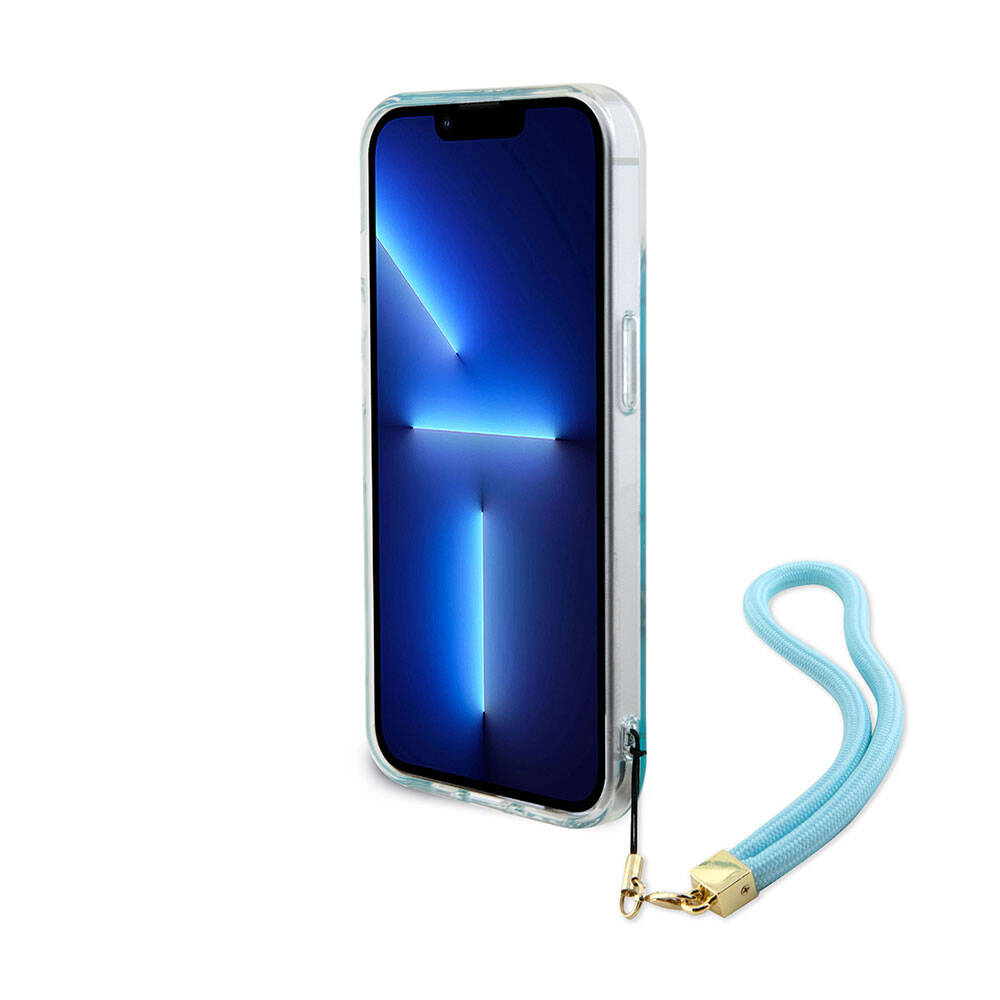Apple iPhone 15 Kılıf Guess Orjinal Lisanslı Desenli Yazı Logolu Askı İpli Holografik Glitter Peony Kapak Pembe