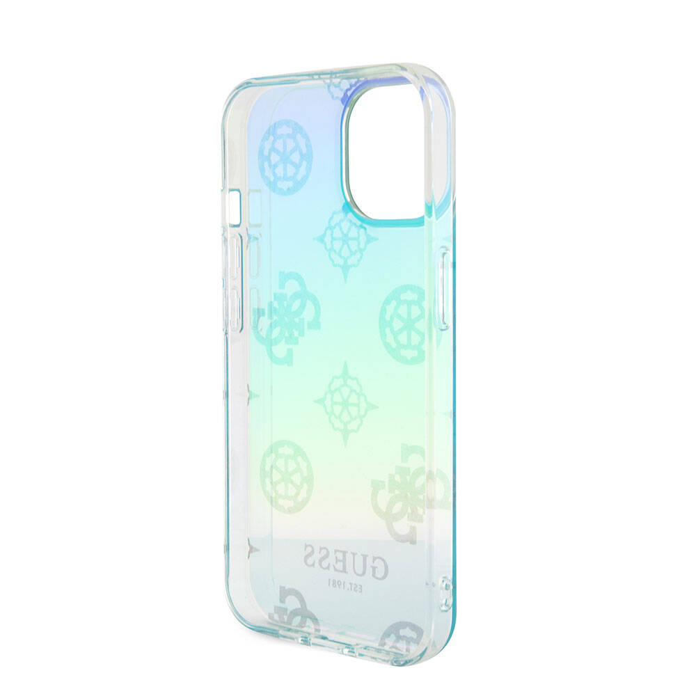 Apple iPhone 15 Kılıf Guess Orjinal Lisanslı Desenli Yazı Logolu Askı İpli Holografik Glitter Peony Kapak Pembe