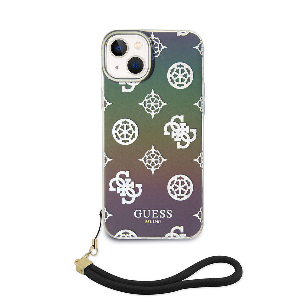 Apple iPhone 15 Kılıf Guess Orjinal Lisanslı Desenli Yazı Logolu Askı İpli Holografik Glitter Peony Kapak Pembe