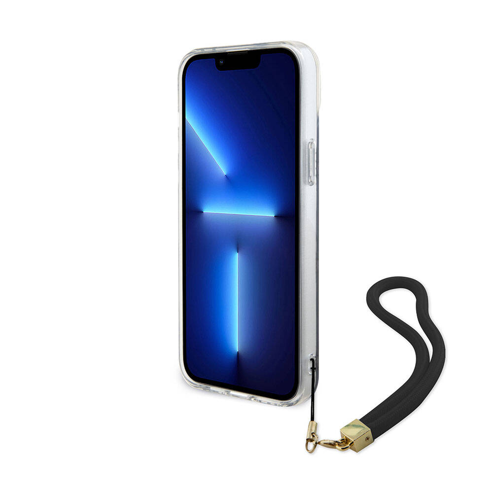 Apple iPhone 15 Kılıf Guess Orjinal Lisanslı Desenli Yazı Logolu Askı İpli Holografik Glitter Peony Kapak Pembe