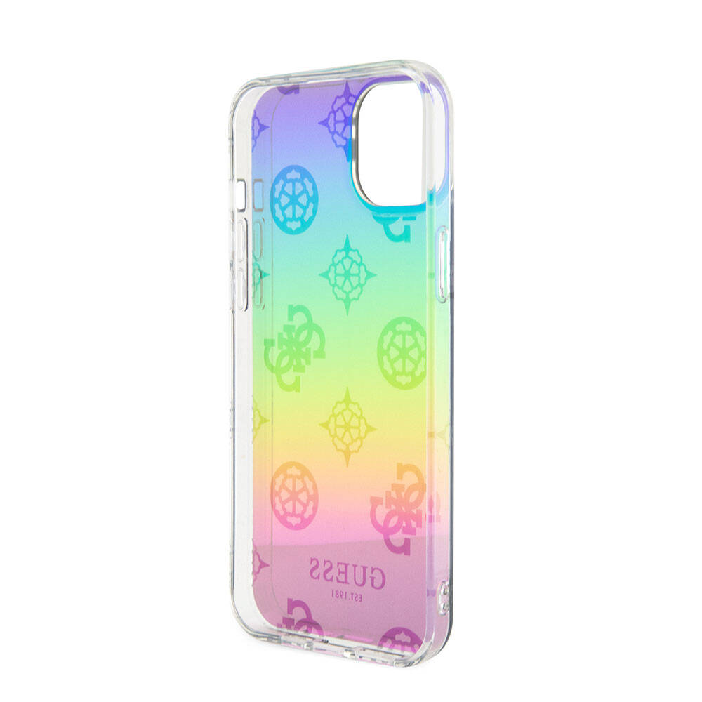 Apple iPhone 15 Kılıf Guess Orjinal Lisanslı Desenli Yazı Logolu Askı İpli Holografik Glitter Peony Kapak Pembe