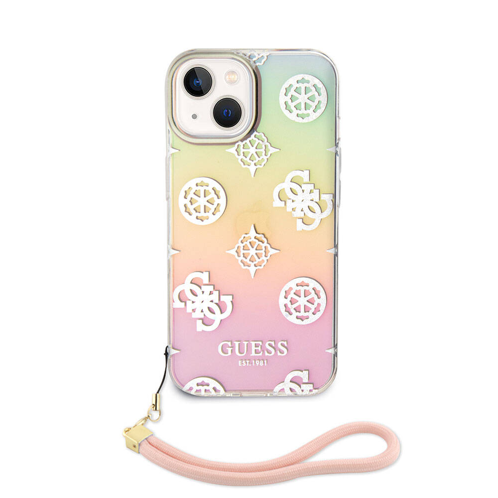 Apple iPhone 15 Kılıf Guess Orjinal Lisanslı Desenli Yazı Logolu Askı İpli Holografik Glitter Peony Kapak Pembe