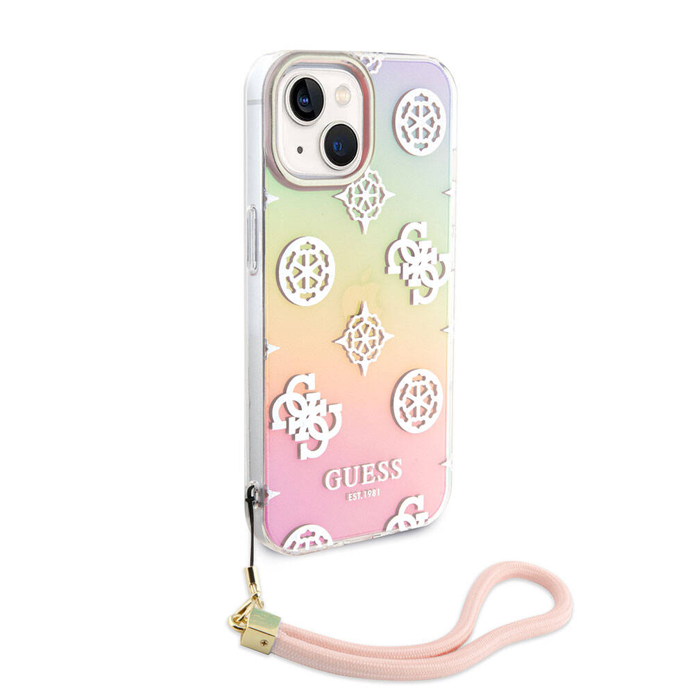 Apple iPhone 15 Kılıf Guess Orjinal Lisanslı Desenli Yazı Logolu Askı İpli Holografik Glitter Peony Kapak Pembe