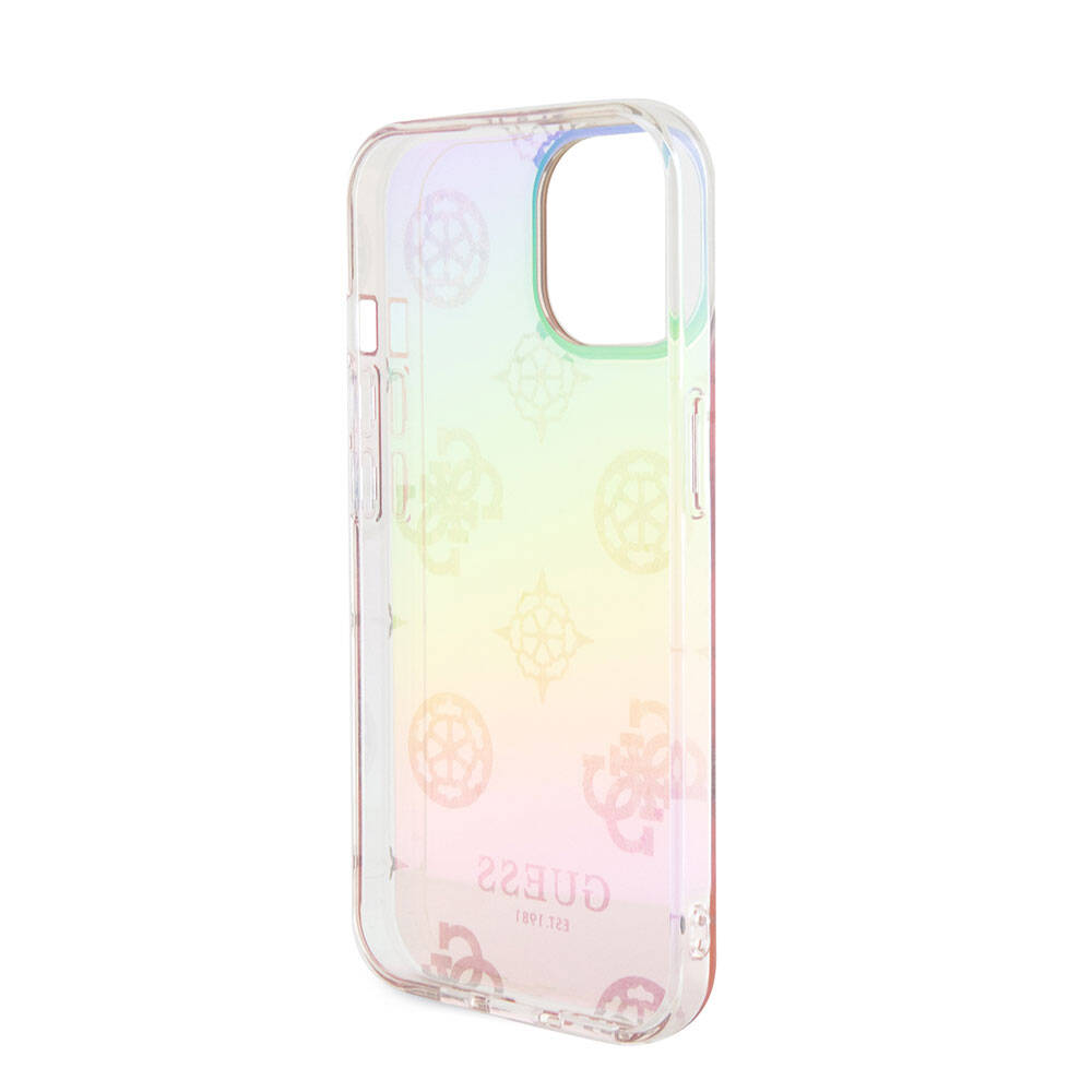 Apple iPhone 15 Kılıf Guess Orjinal Lisanslı Desenli Yazı Logolu Askı İpli Holografik Glitter Peony Kapak Pembe