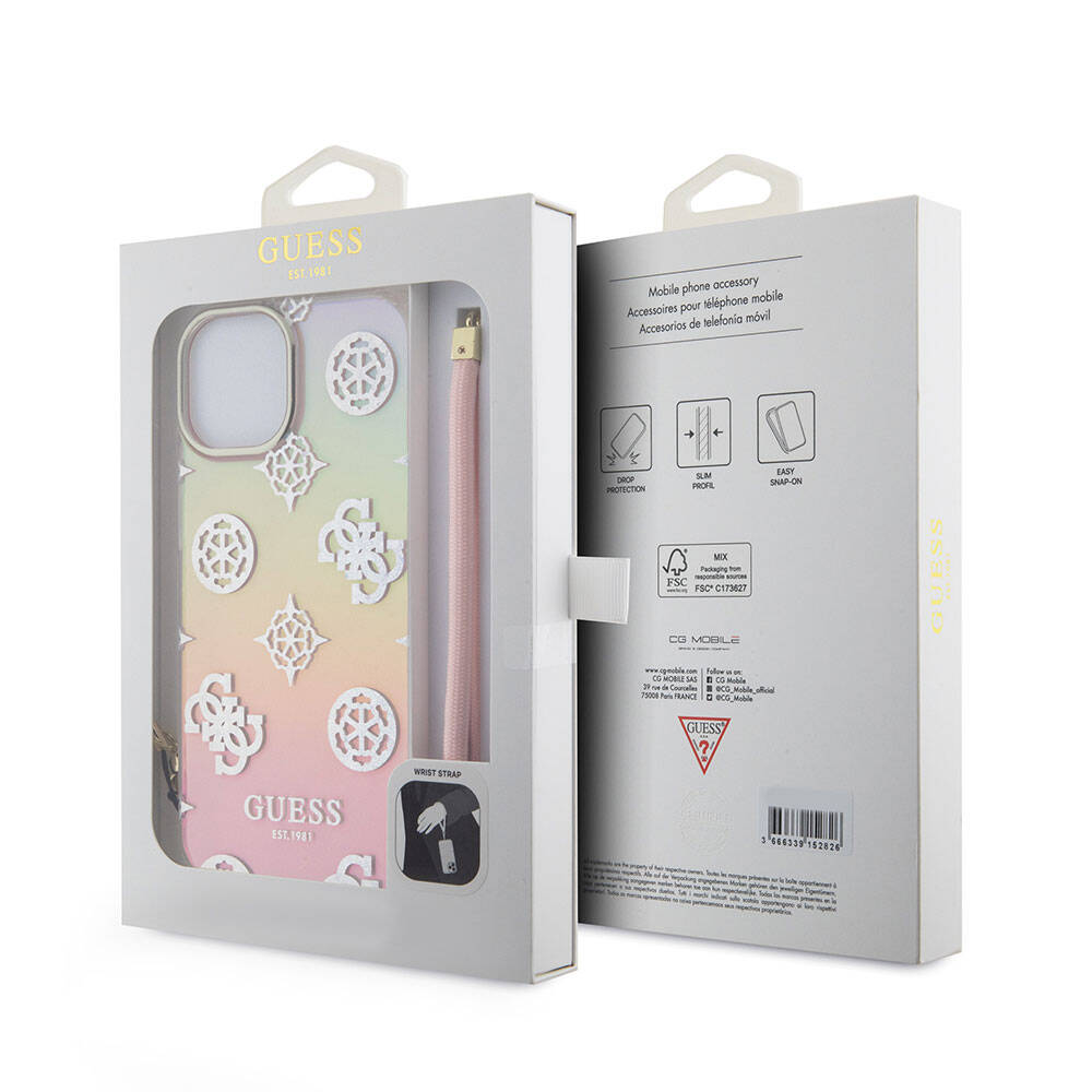 Apple iPhone 15 Kılıf Guess Orjinal Lisanslı Desenli Yazı Logolu Askı İpli Holografik Glitter Peony Kapak Pembe