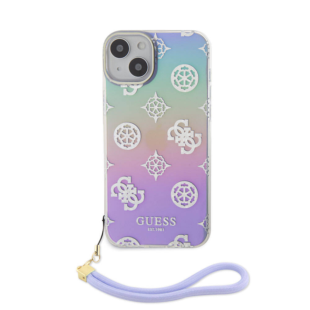 Apple iPhone 15 Kılıf Guess Orjinal Lisanslı Desenli Yazı Logolu Askı İpli Holografik Glitter Peony Kapak Pembe