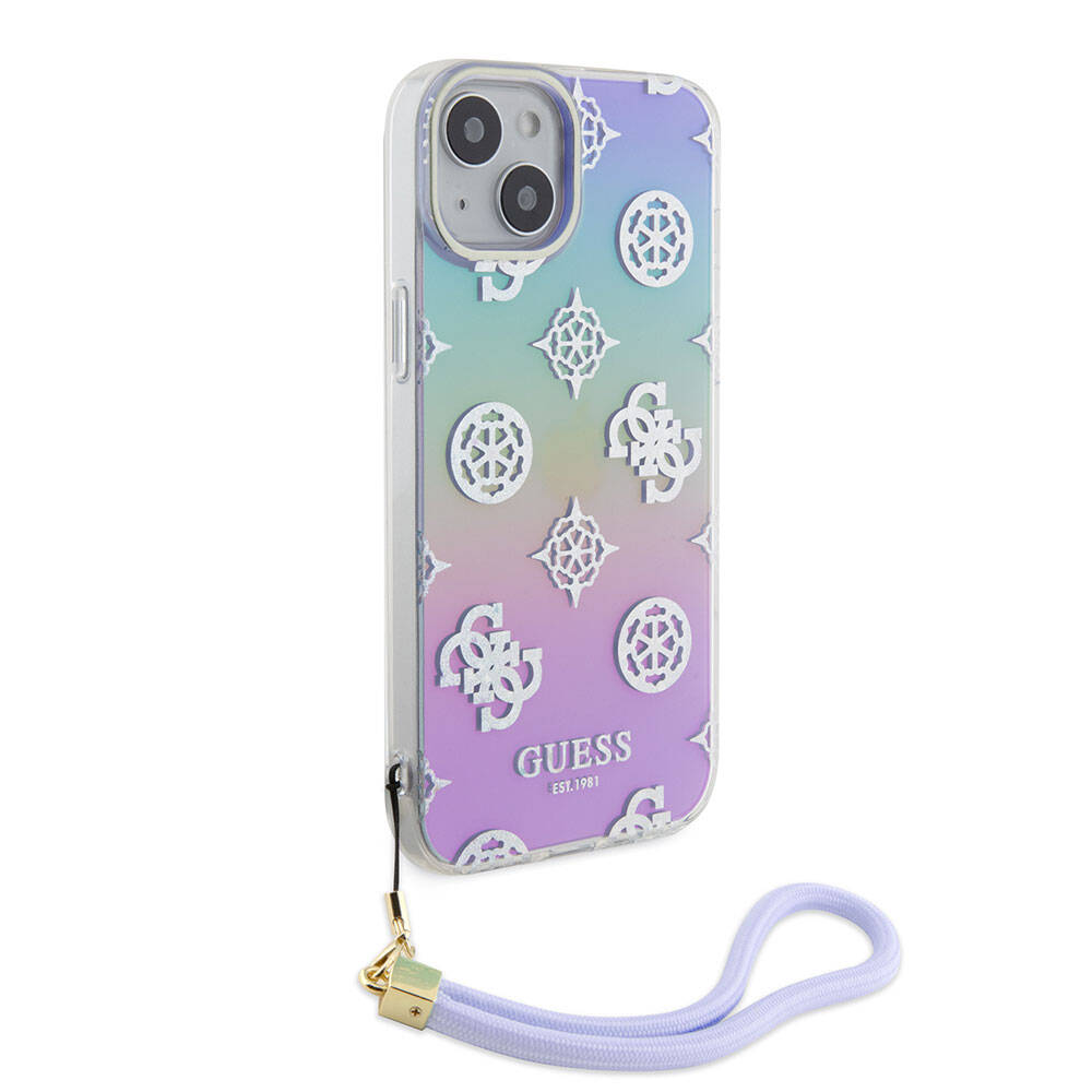 Apple iPhone 15 Kılıf Guess Orjinal Lisanslı Desenli Yazı Logolu Askı İpli Holografik Glitter Peony Kapak Pembe