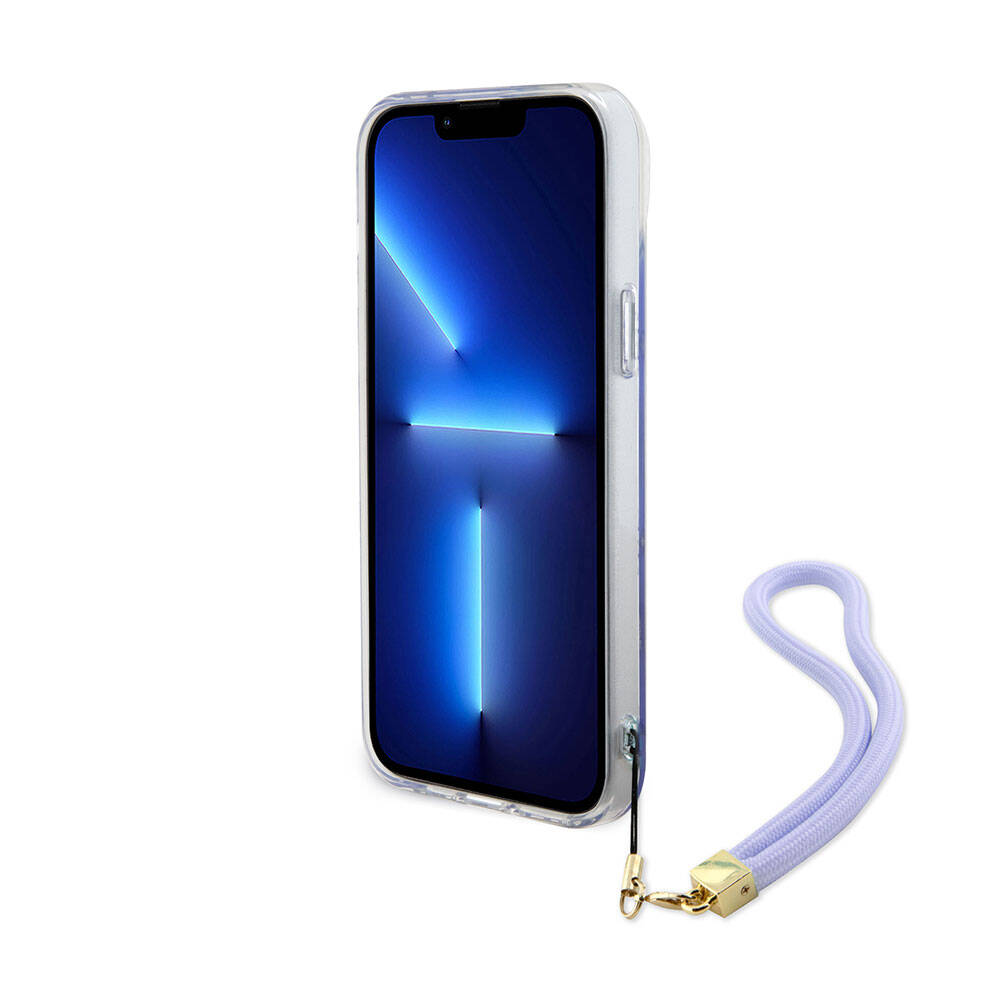 Apple iPhone 15 Kılıf Guess Orjinal Lisanslı Desenli Yazı Logolu Askı İpli Holografik Glitter Peony Kapak Pembe