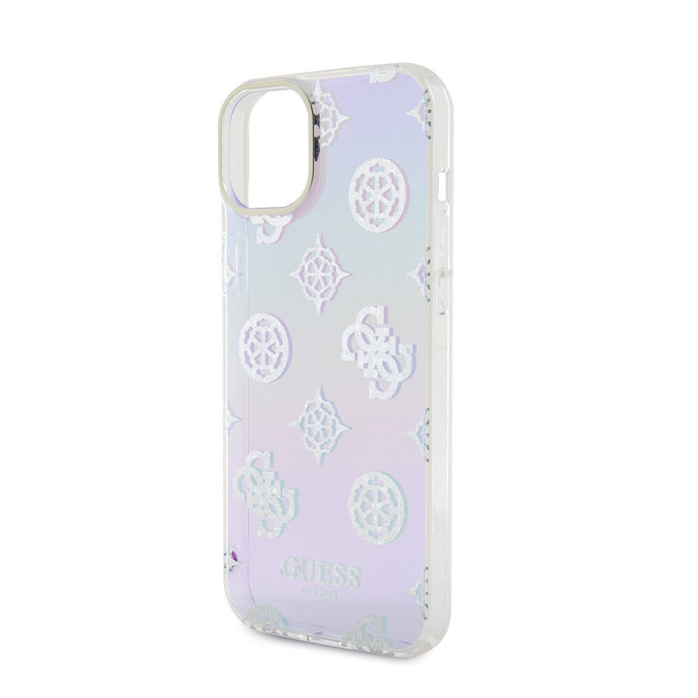 Apple iPhone 15 Kılıf Guess Orjinal Lisanslı Desenli Yazı Logolu Askı İpli Holografik Glitter Peony Kapak Pembe