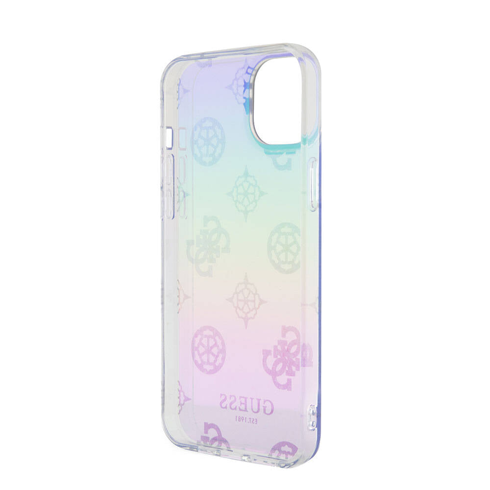 Apple iPhone 15 Kılıf Guess Orjinal Lisanslı Desenli Yazı Logolu Askı İpli Holografik Glitter Peony Kapak Pembe