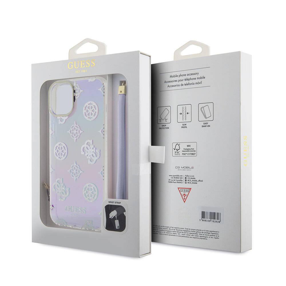 Apple iPhone 15 Kılıf Guess Orjinal Lisanslı Desenli Yazı Logolu Askı İpli Holografik Glitter Peony Kapak Pembe