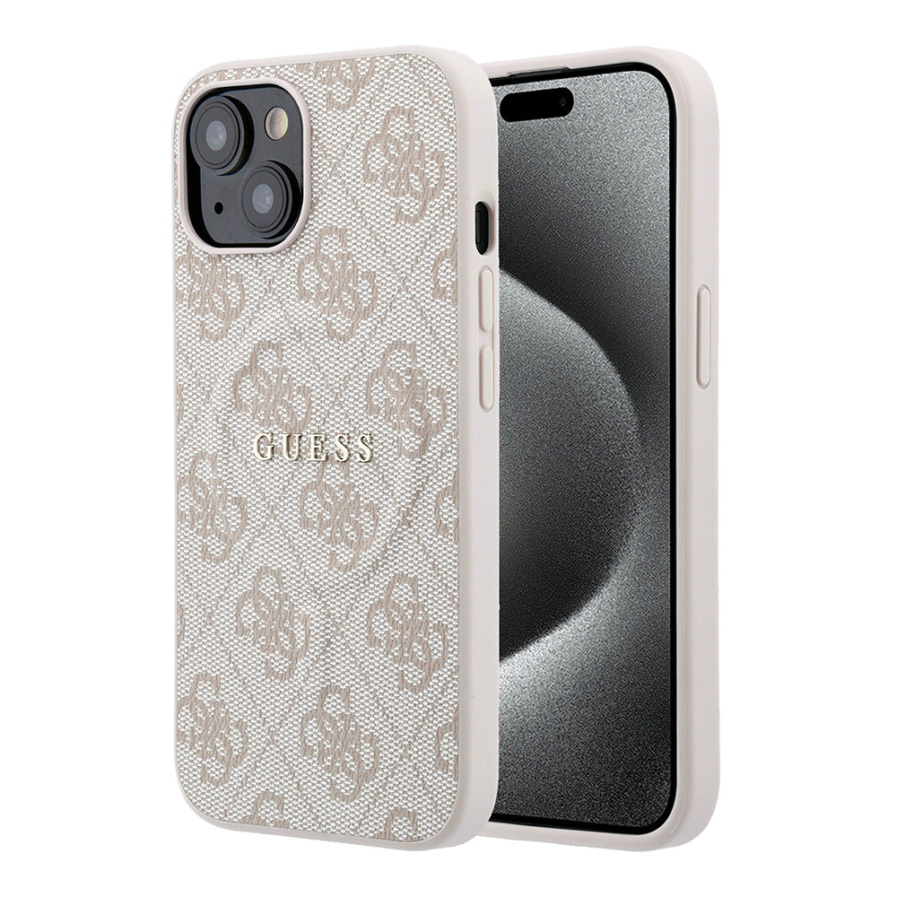 Apple iPhone 15 Kılıf Guess Orjinal Lisanslı M-safe Kabartmalı 4G Desenli Yazı Logolu Kapak Pembe