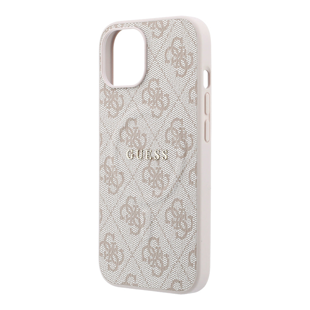 Apple iPhone 15 Kılıf Guess Orjinal Lisanslı M-safe Kabartmalı 4G Desenli Yazı Logolu Kapak Pembe