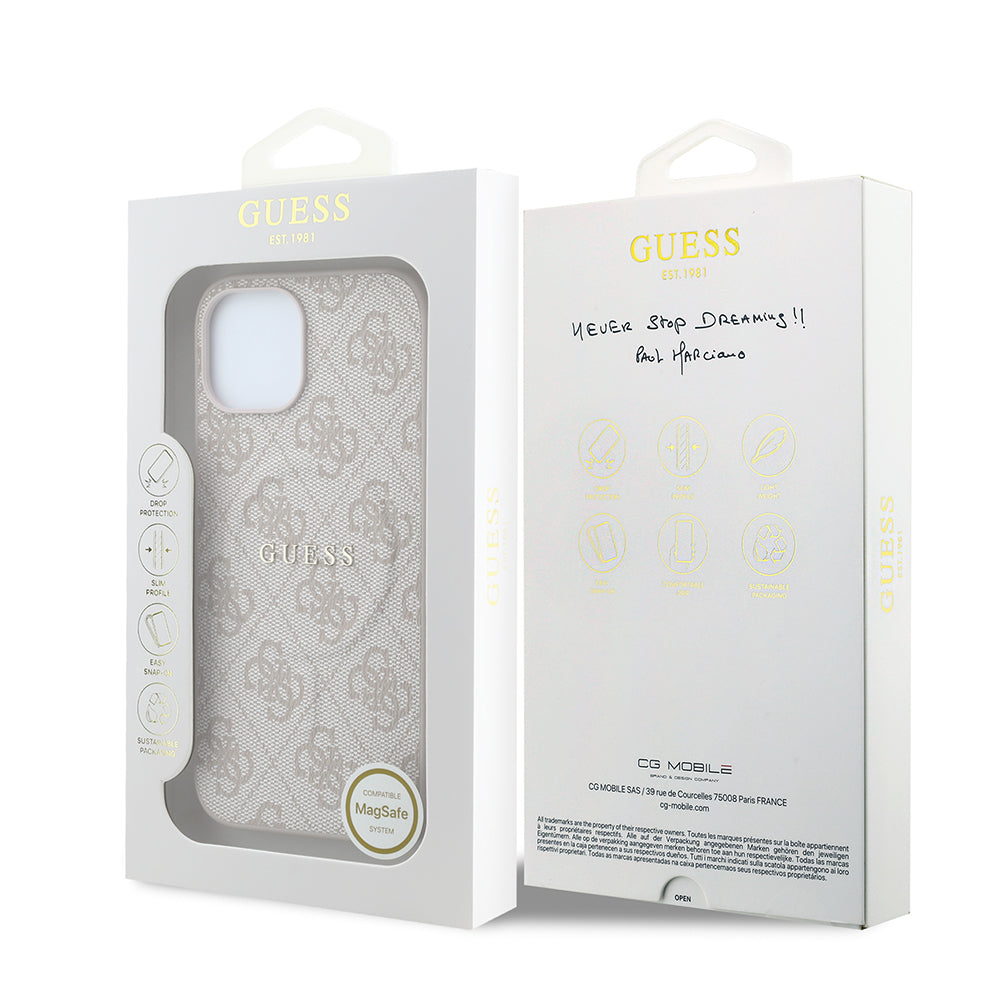 Apple iPhone 15 Kılıf Guess Orjinal Lisanslı M-safe Kabartmalı 4G Desenli Yazı Logolu Kapak Pembe
