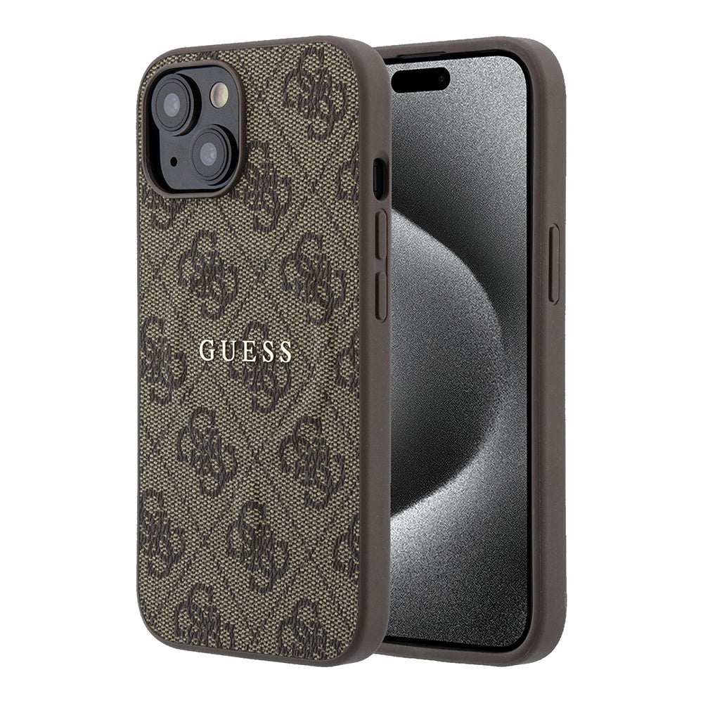 Apple iPhone 15 Kılıf Guess Orjinal Lisanslı M-safe Kabartmalı 4G Desenli Yazı Logolu Kapak Kahverengi