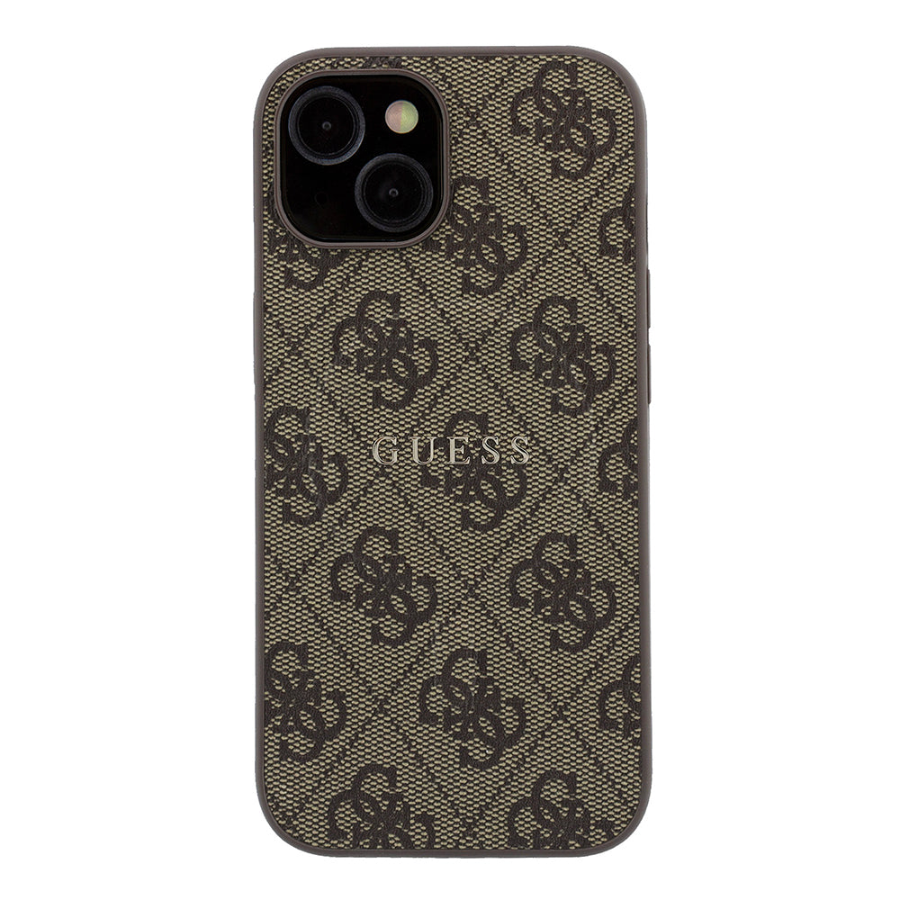 Apple iPhone 15 Kılıf Guess Orjinal Lisanslı M-safe Kabartmalı 4G Desenli Yazı Logolu Kapak Kahverengi