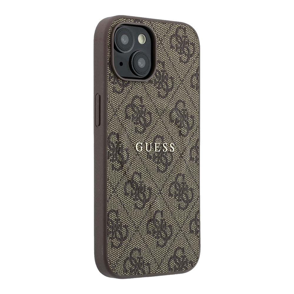 Apple iPhone 15 Kılıf Guess Orjinal Lisanslı M-safe Kabartmalı 4G Desenli Yazı Logolu Kapak Kahverengi