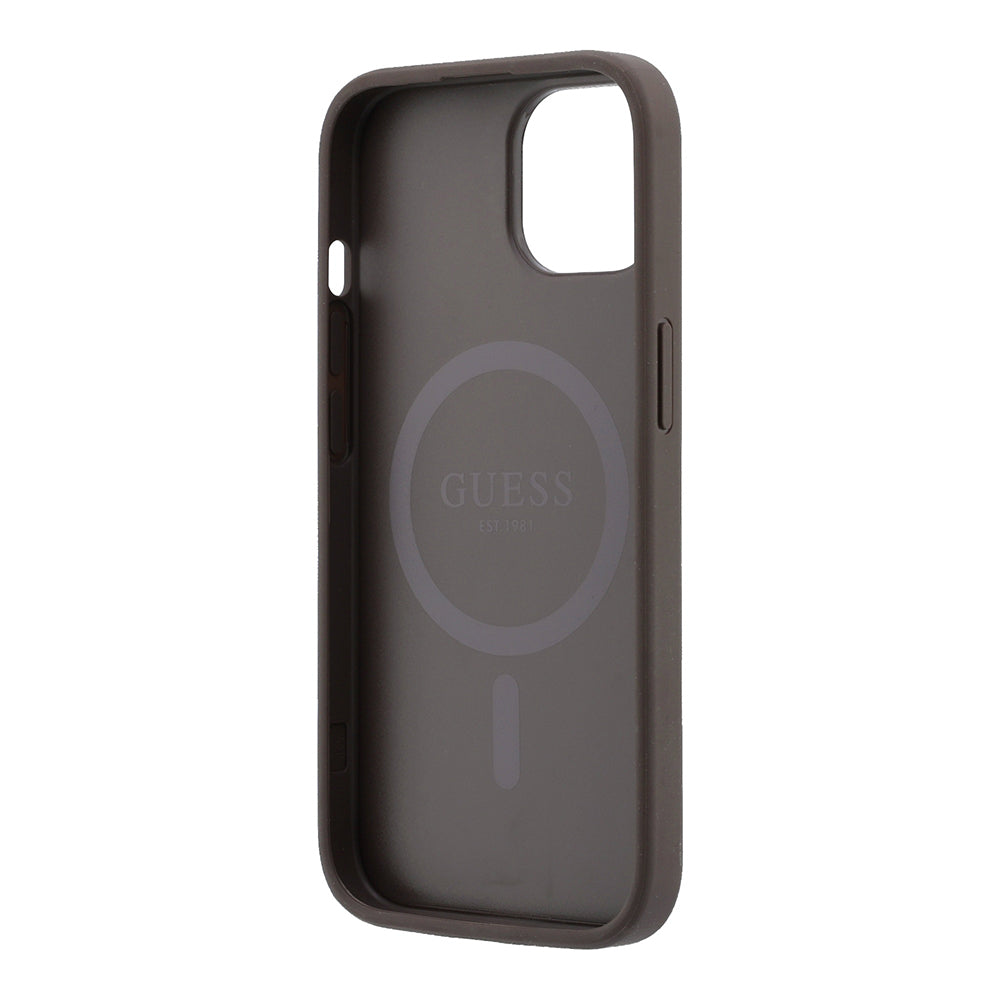 Apple iPhone 15 Kılıf Guess Orjinal Lisanslı M-safe Kabartmalı 4G Desenli Yazı Logolu Kapak Kahverengi