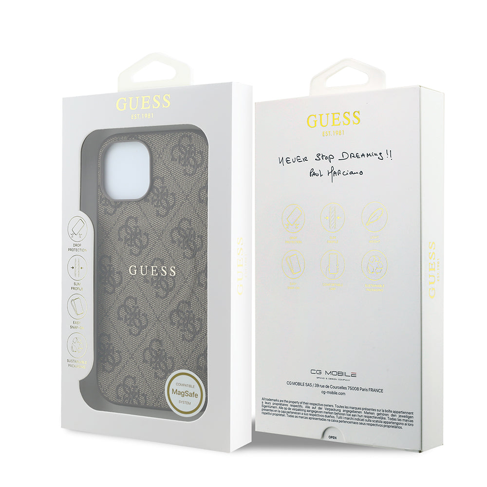 Apple iPhone 15 Kılıf Guess Orjinal Lisanslı M-safe Kabartmalı 4G Desenli Yazı Logolu Kapak Kahverengi