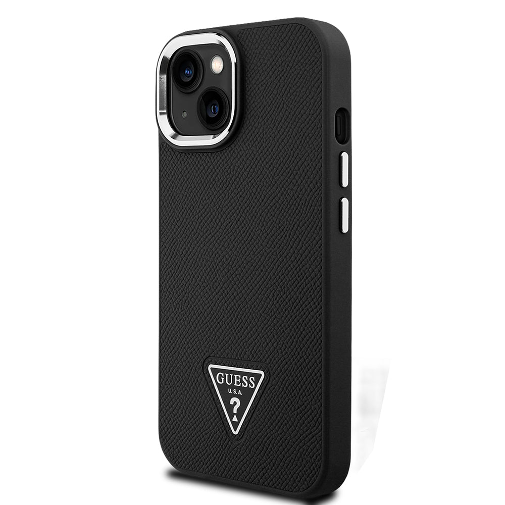 Apple iPhone 15 Kılıf Guess Orjinal Lisanslı M-safe Şarj Özellikli Grained Triangle Kapak Siyah