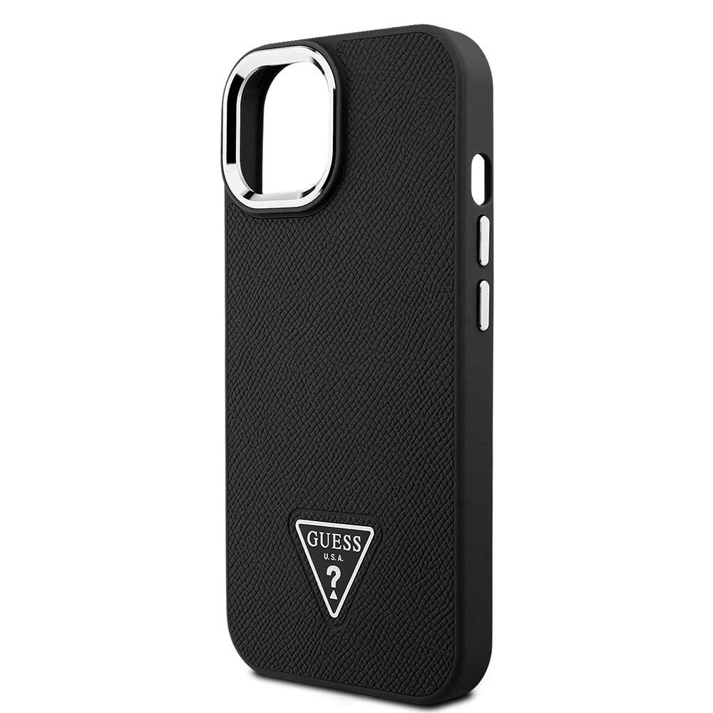 Apple iPhone 15 Kılıf Guess Orjinal Lisanslı M-safe Şarj Özellikli Grained Triangle Kapak Siyah