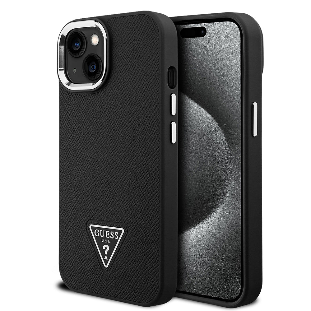 Apple iPhone 15 Kılıf Guess Orjinal Lisanslı M-safe Şarj Özellikli Grained Triangle Kapak Siyah