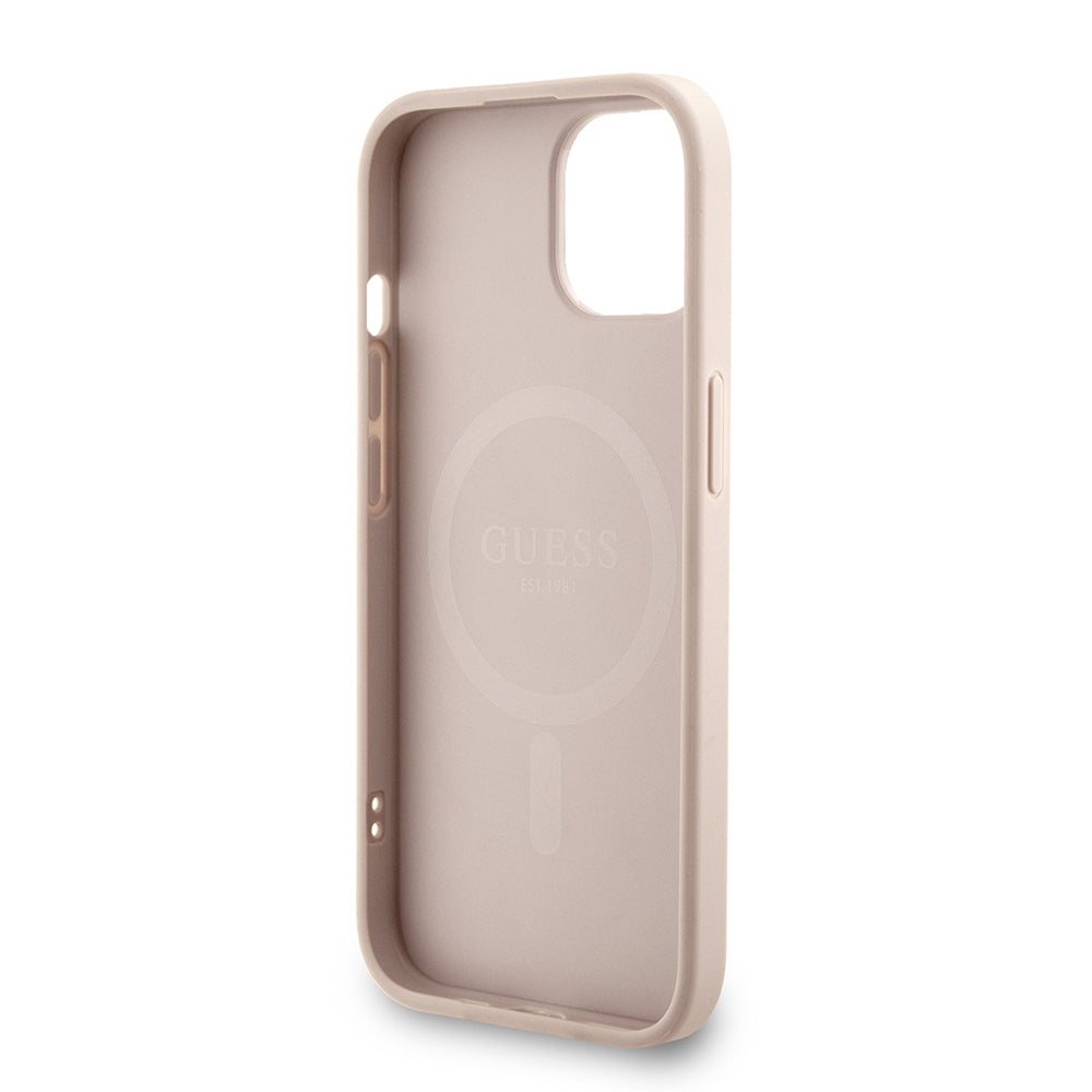 Apple iPhone 15 Kılıf Guess Orjinal Lisanslı M-safe Şarj Özellikli PU Deri Bilek Askı İpli Yazı Logolu Kapak Kahverengi