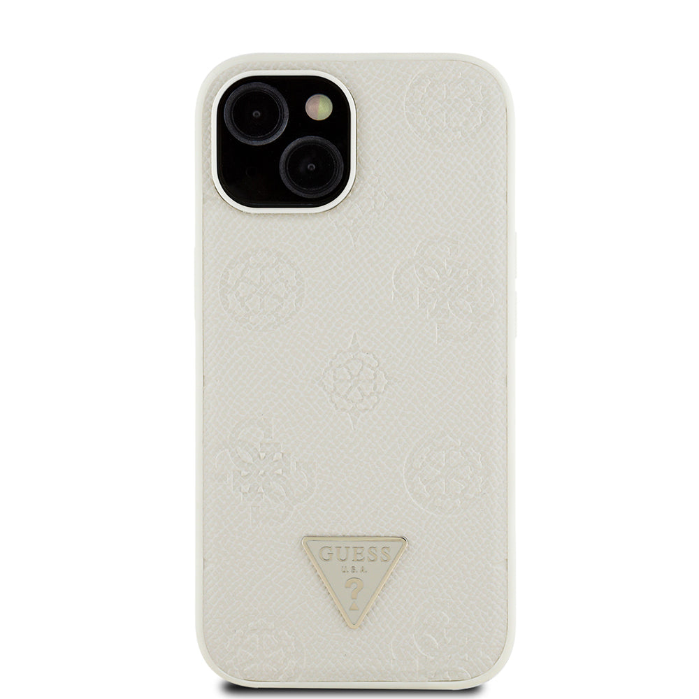 Apple iPhone 15 Kılıf Guess Orjinal Lisanslı M-safe Şarj Özellikli Sıcak Baskılı Üçgen Logolu PU Deri Peony Kapak Siyah