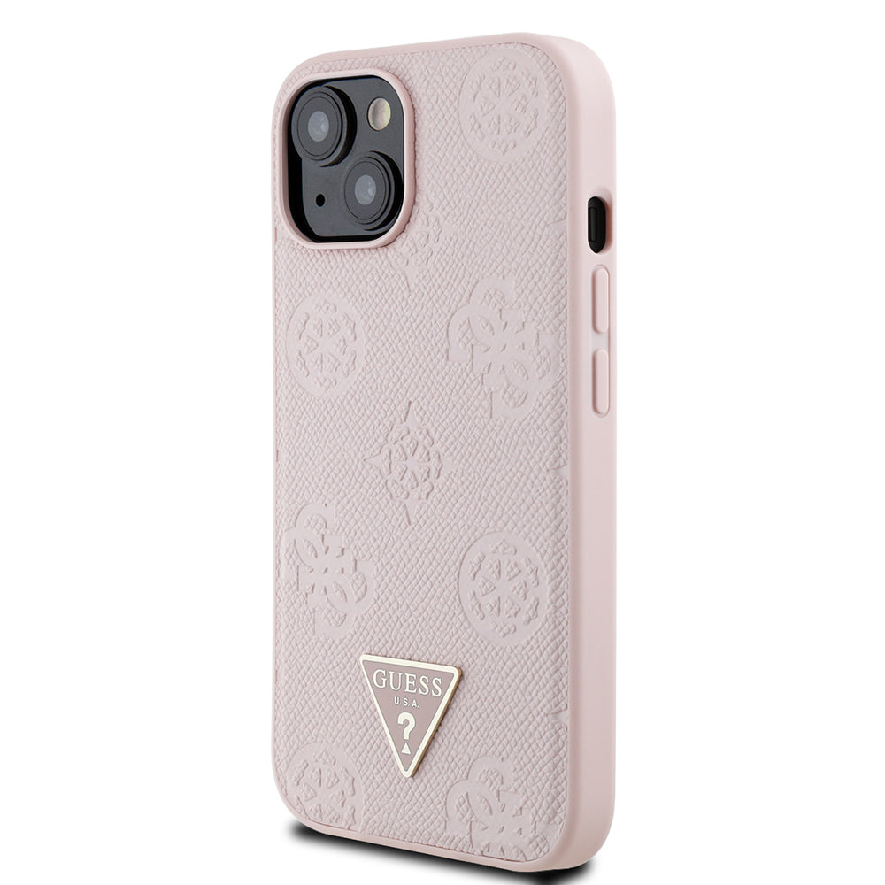 Apple iPhone 15 Kılıf Guess Orjinal Lisanslı M-safe Şarj Özellikli Sıcak Baskılı Üçgen Logolu PU Deri Peony Kapak Siyah