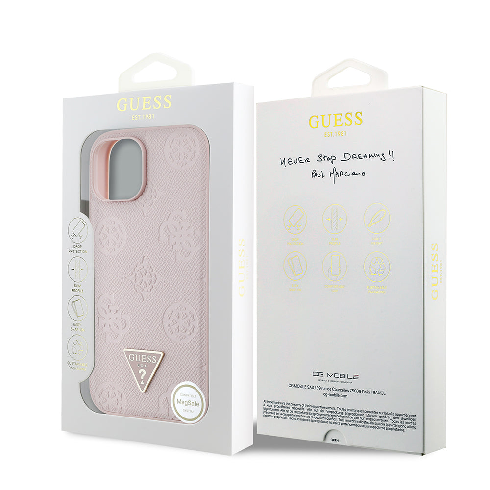 Apple iPhone 15 Kılıf Guess Orjinal Lisanslı M-safe Şarj Özellikli Sıcak Baskılı Üçgen Logolu PU Deri Peony Kapak Siyah