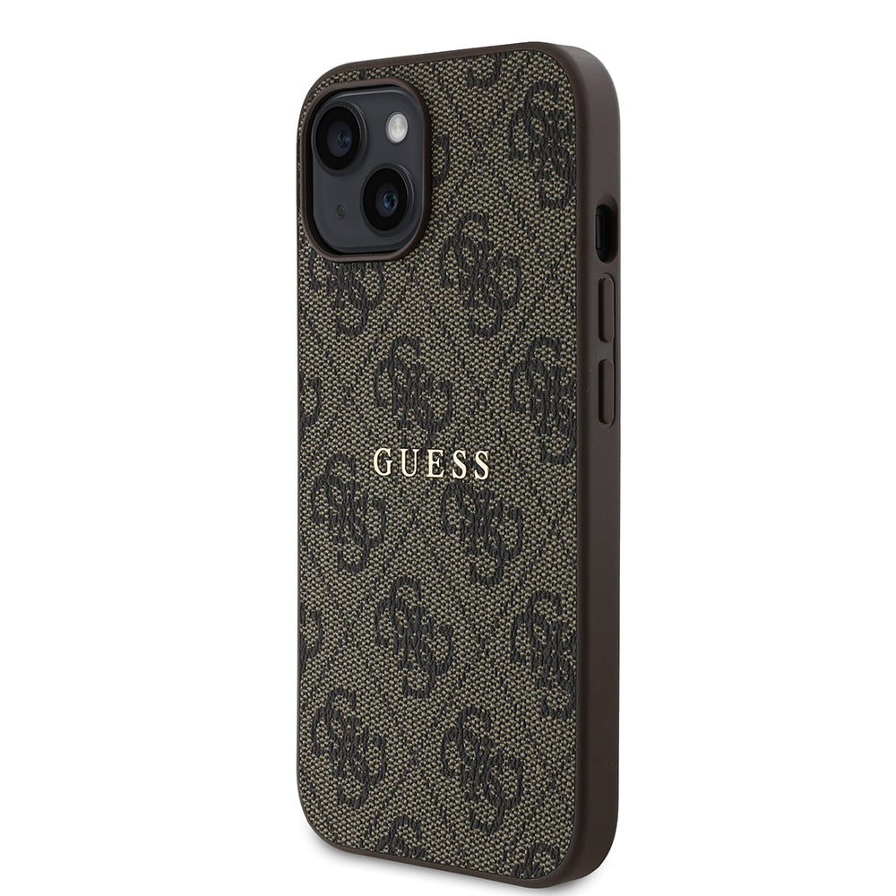 Apple iPhone 15 Kılıf Guess Orjinal Lisanslı Magsafe Şarj Özellikli 4G Desen Yazı Logolu Kapak Kahverengi