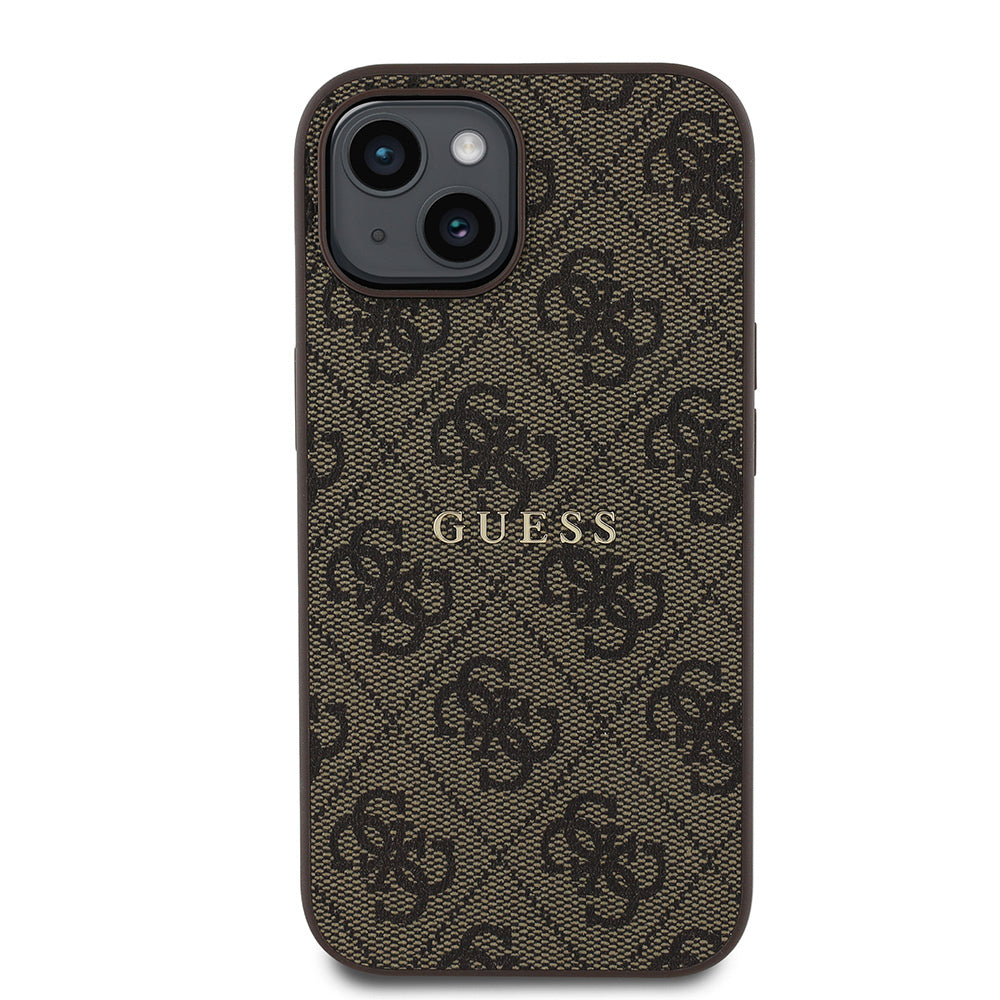 Apple iPhone 15 Kılıf Guess Orjinal Lisanslı Magsafe Şarj Özellikli 4G Desen Yazı Logolu Kapak Kahverengi