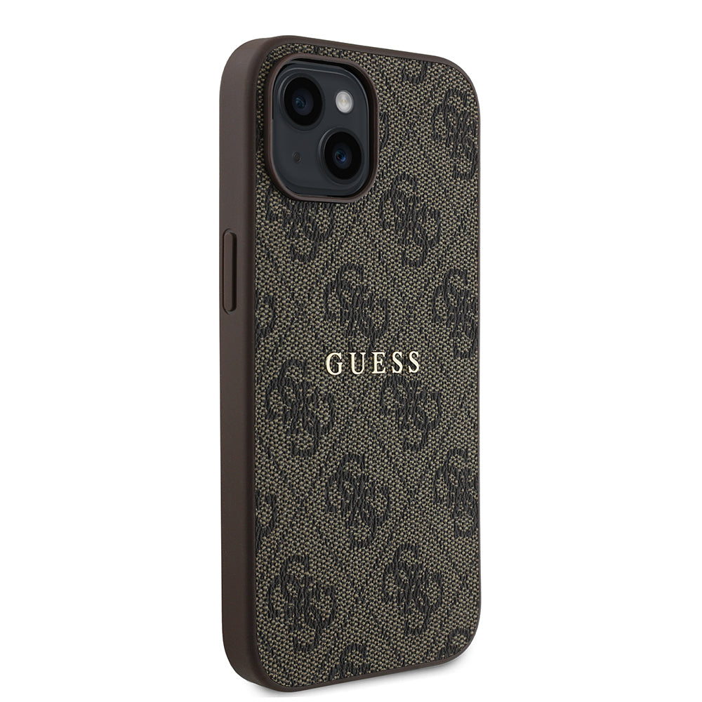 Apple iPhone 15 Kılıf Guess Orjinal Lisanslı Magsafe Şarj Özellikli 4G Desen Yazı Logolu Kapak Kahverengi