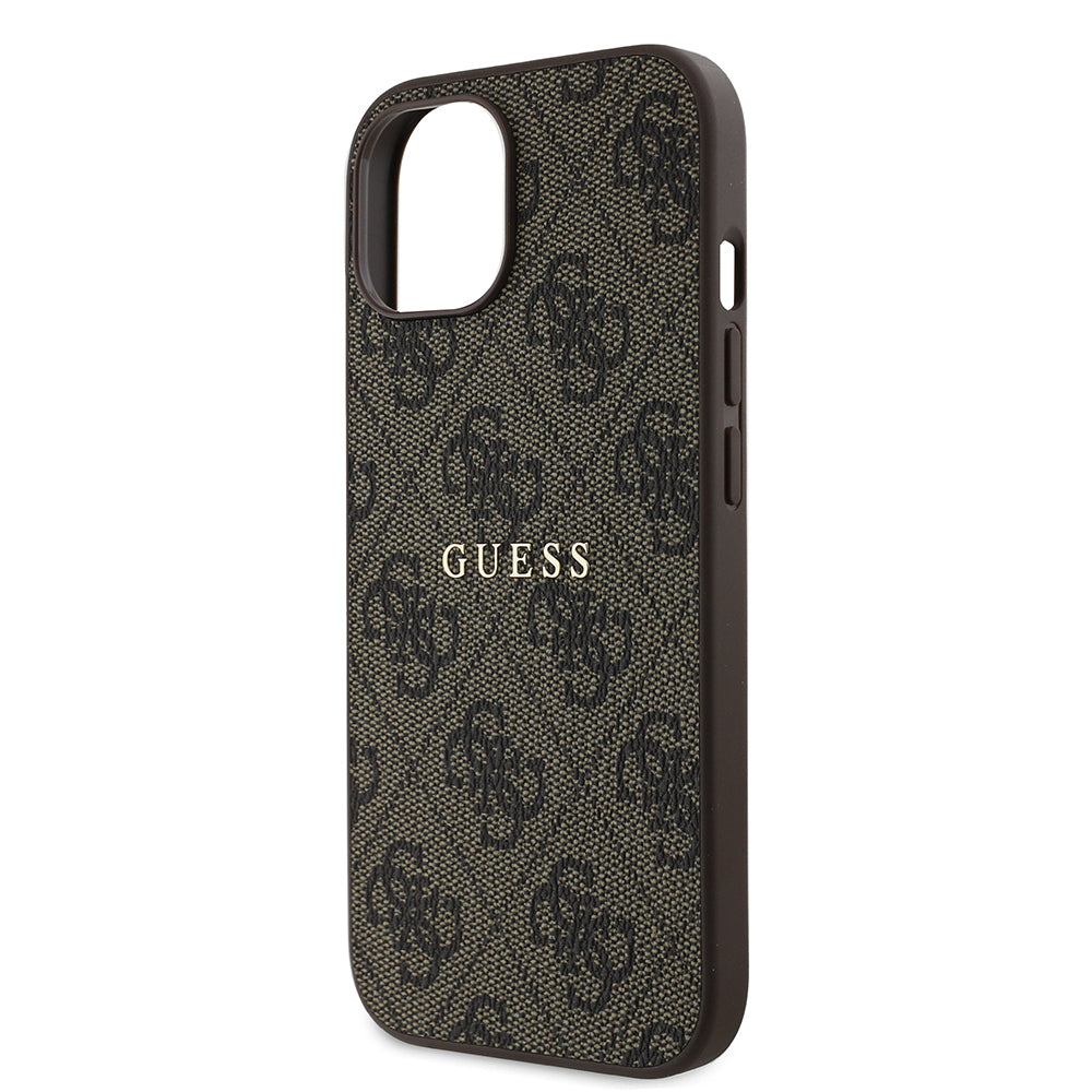 Apple iPhone 15 Kılıf Guess Orjinal Lisanslı Magsafe Şarj Özellikli 4G Desen Yazı Logolu Kapak Kahverengi