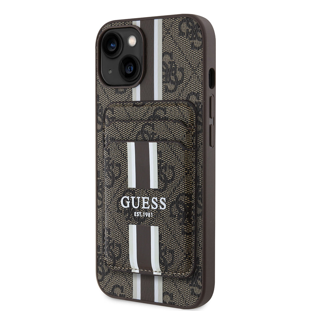 Apple iPhone 15 Kılıf Guess Orjinal Lisanslı M-safe Şarj Özellikli 4G Desenli Çizgili Kartlıklı Kapak Siyah