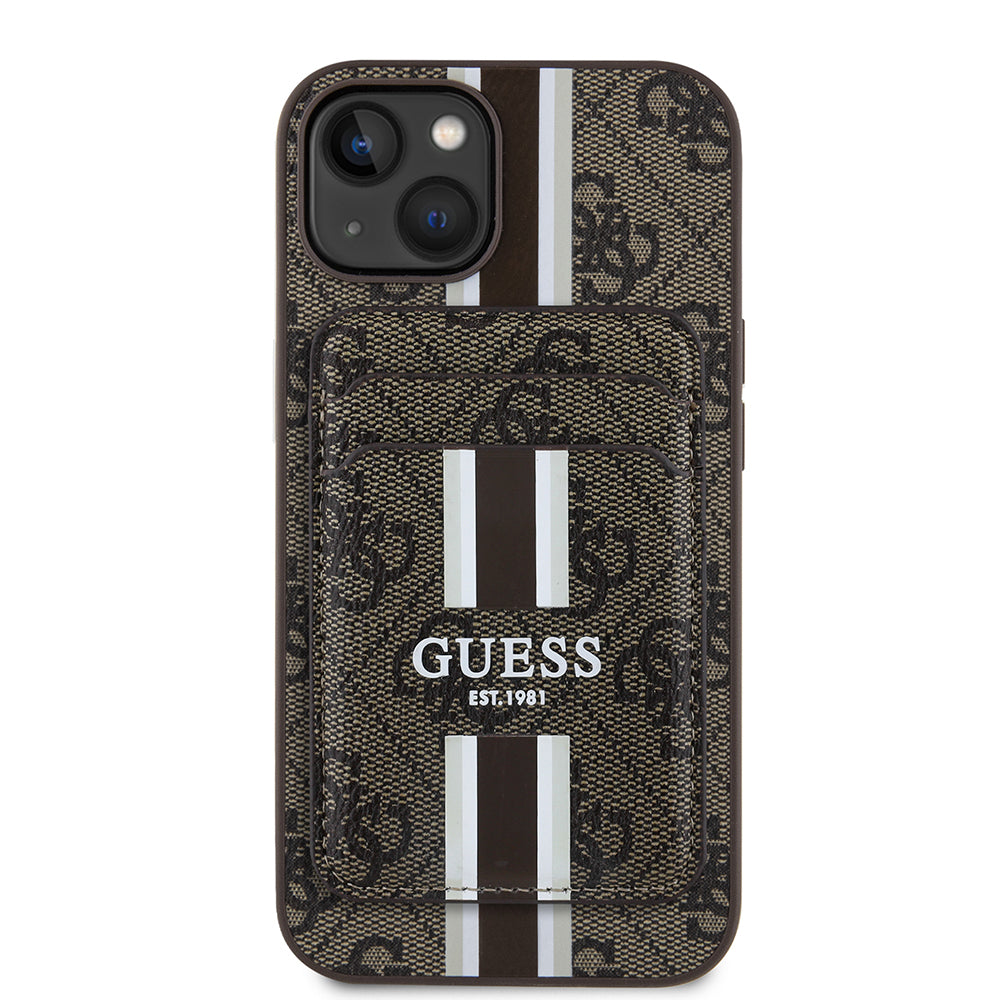 Apple iPhone 15 Kılıf Guess Orjinal Lisanslı M-safe Şarj Özellikli 4G Desenli Çizgili Kartlıklı Kapak Siyah