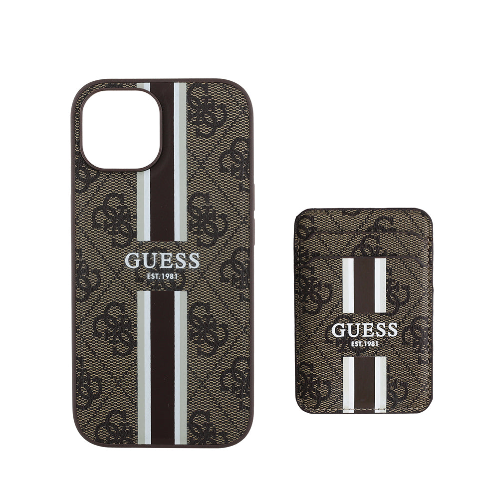 Apple iPhone 15 Kılıf Guess Orjinal Lisanslı M-safe Şarj Özellikli 4G Desenli Çizgili Kartlıklı Kapak Siyah